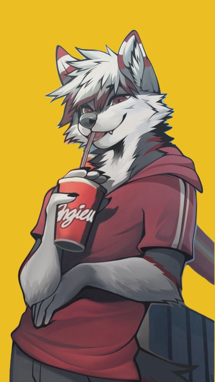 Wolf character holding a drink