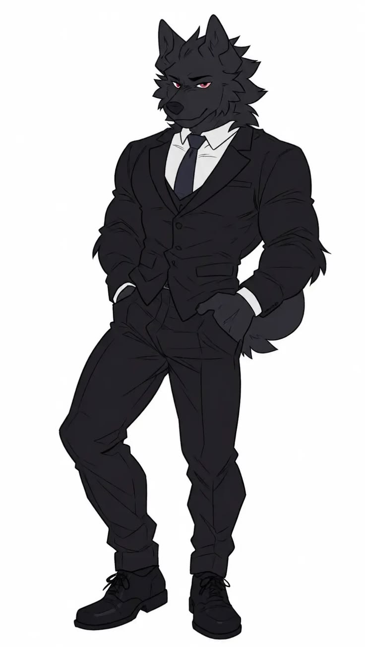 Black wolf character in a suit
