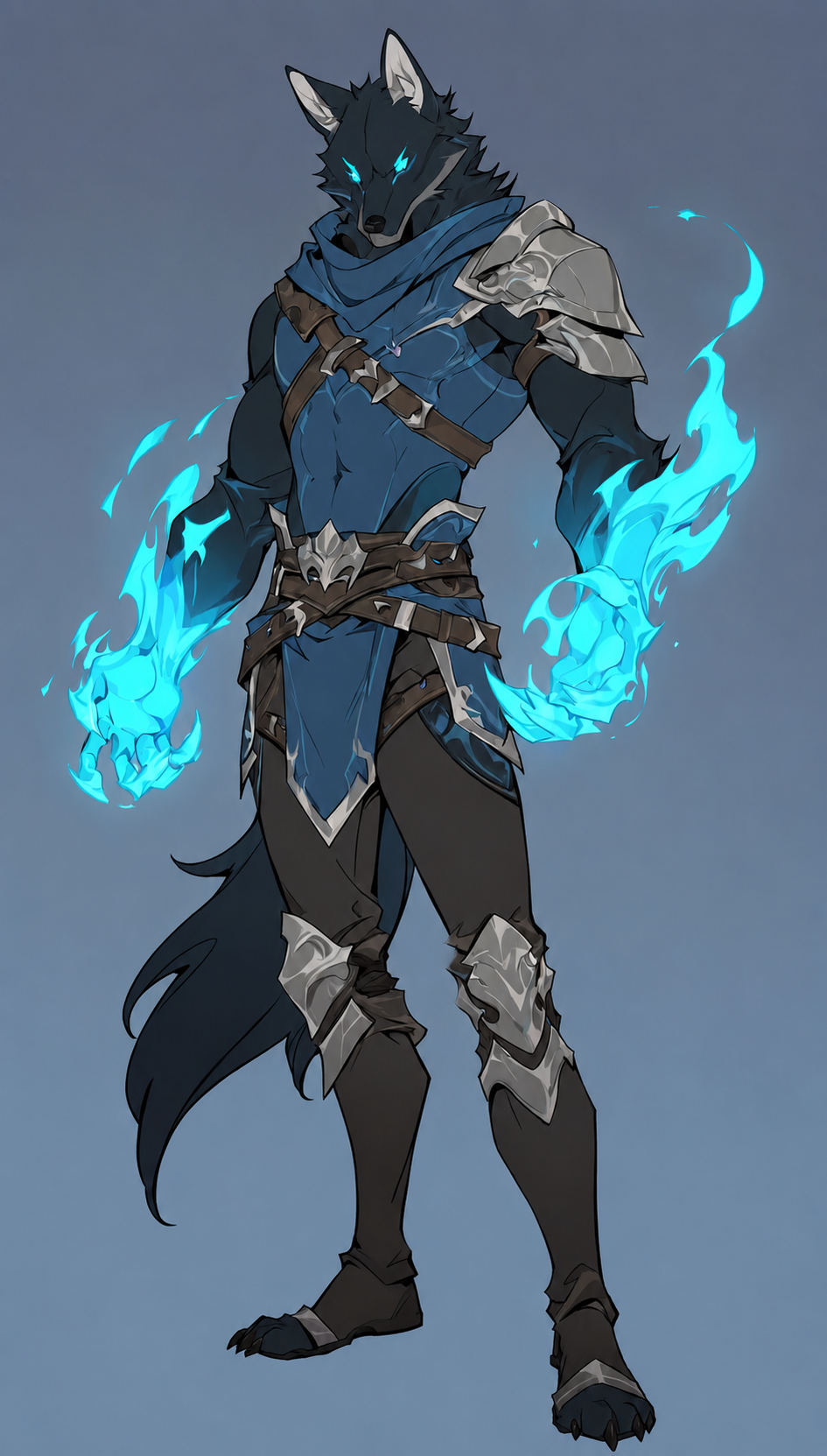 Armored wolf character with blue flames