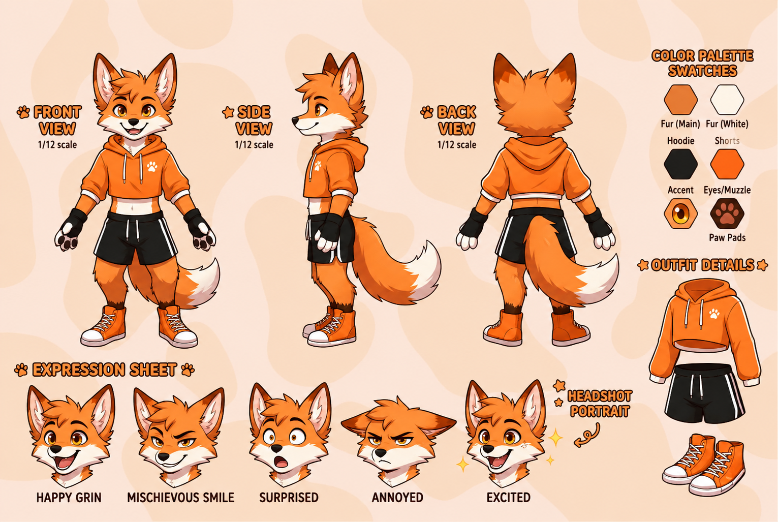 Orange fox character reference sheet