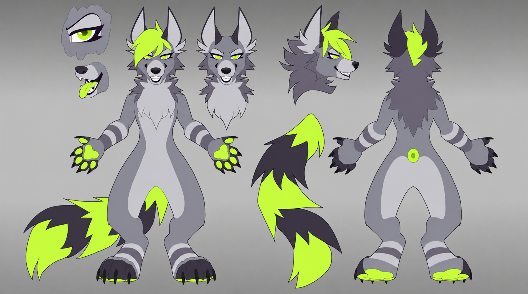 Grey and green wolf reference sheet