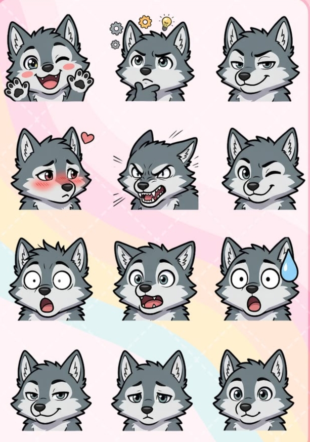 Grey wolf emotion sticker sheet